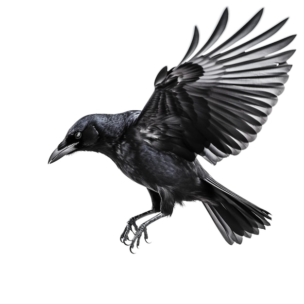 Un corvo vola in aria con le ali spiegate.