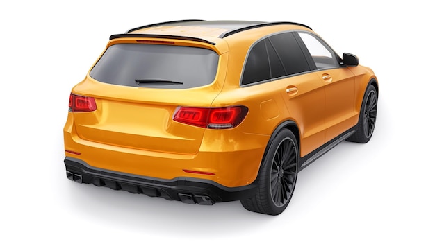 Un costoso SUV sportivo ultraveloce per una guida emozionante in città in autostrada e in pista Modello 3D di un'auto arancione su sfondo bianco isolato rendering 3d