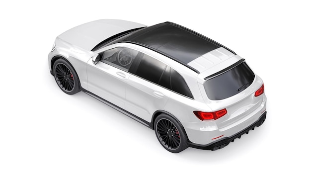 Un costoso SUV sportivo ultraveloce per una guida emozionante in città in autostrada e in pista Modello 3D di un'auto bianca su sfondo bianco isolato rendering 3d