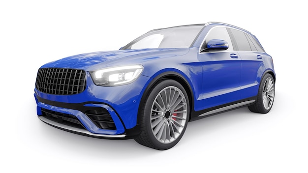 Un costoso SUV sportivo ultraveloce per una guida emozionante in città in autostrada e in pista Modello 3D di un'auto blu su sfondo bianco isolato rendering 3d