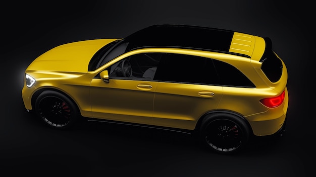 Un costoso SUV sportivo ultraveloce per una guida emozionante in città in autostrada e in pista Modello 3D di un'auto d'oro su sfondo nero isolato rendering 3d