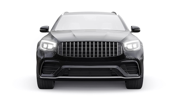 Un costoso SUV sportivo ultraveloce per una guida emozionante in città in autostrada e in pista Modello 3D di un'auto nera su sfondo bianco isolato rendering 3d