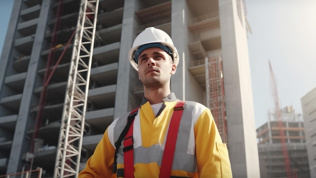 Un costruttore europeo con un casco protettivo bianco sullo sfondo di una casa in costruzione IA generativa