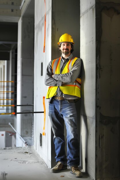 Un costruttore felice sul cantiere con l'attrezzatura di sicurezza