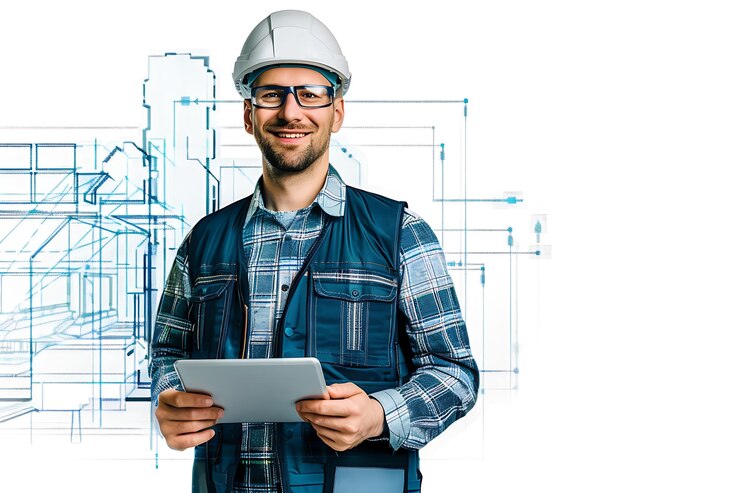 Foto un costruttore sorridente con un tablet e attrezzature di sicurezza in ufficio