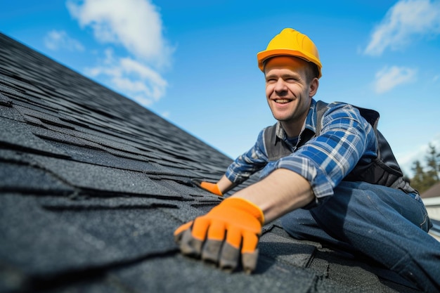 Un costruttore sorridente durante l'installazione del tetto