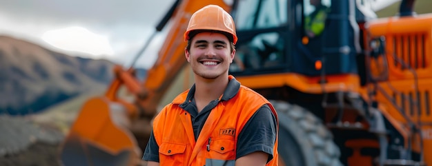 Un costruttore sorridente in attrezzatura hivis si trova con fiducia davanti a un escavatore abbigliamento professionale sicurezza prima ripresa all'aperto ritratto di ottimismo in un sito di lavoro AI