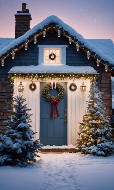 Un Cottage Innevato Con Una Corona Sulla Porta Circondata Da Alberi Intrecciati Con Luci Girato All'alba