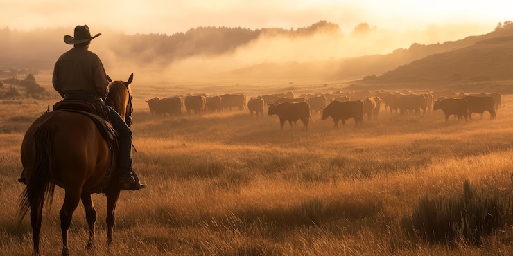 Foto un cowboy a cavallo guida abilmente un gregge di bestiame in mezzo alla bellissima alba