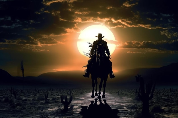 Un cowboy a cavallo nel deserto al tramonto