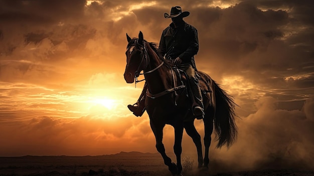 un cowboy cavalca il suo cavallo al tramonto.