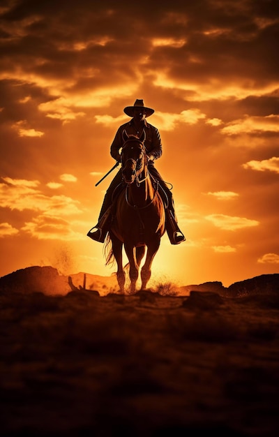 Un cowboy cavalca un cavallo sullo sfondo di un bellissimo tramonto