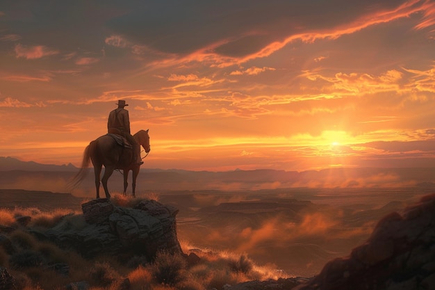 Un cowboy che cavalca un cavallo attraverso un deserto accidentato
