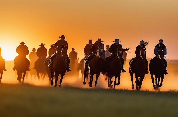 Un cowboy galoppante su un cavallo mustang galoppante attraverso la prateria al tramonto