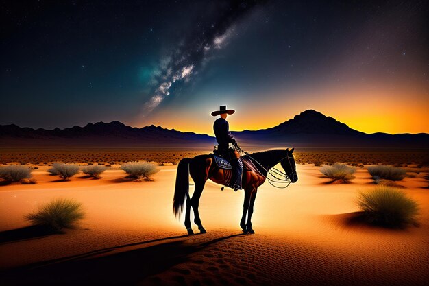 Un cowboy occidentale solitario che cavalca un cavallo nel deserto sotto un cielo notturno stellato con la Via Lattea e la ragazza