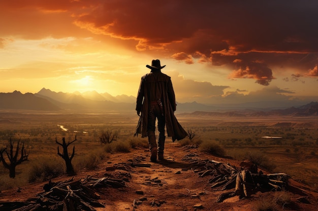 Un cowboy solitario in piedi sotto il vasto cielo del deserto al tramonto IA generativa