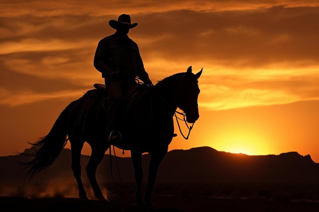 un cowboy su un cavallo con un tramonto sullo sfondo