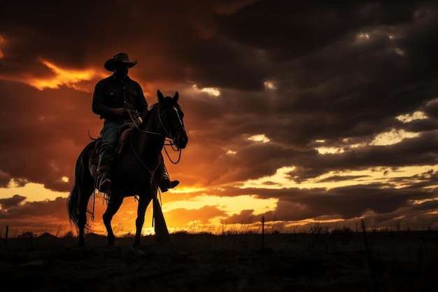 un cowboy su un cavallo in un campo con il tramonto dietro di lui