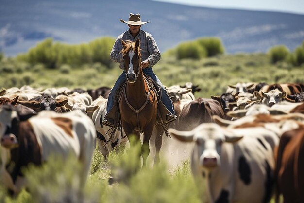 un cowboy su un cavallo sta guidando un gregge di bestiame