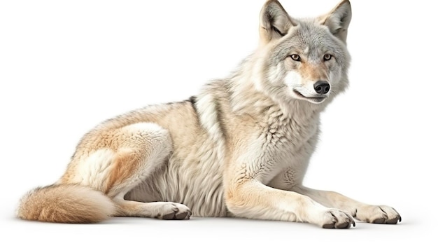 Un coyote solitario Canis latrans isolato su sfondo bianco w nella neve invernale in Canada genera ai