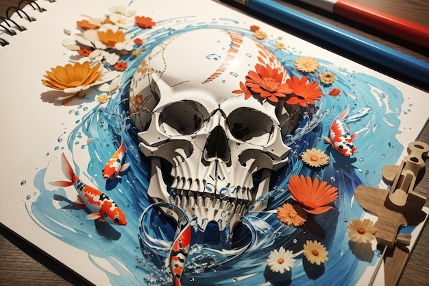Un cranio adornato di fiori colorati e pesci che nuotano