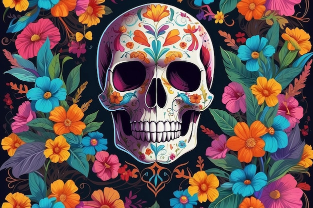 Un cranio colorato con fiori e un cranio su di esso