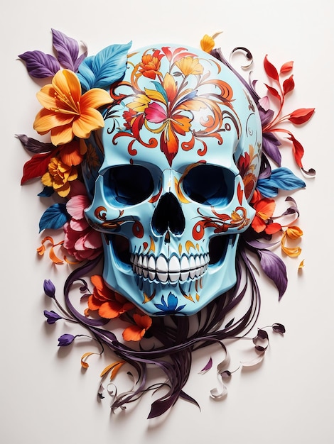 Un cranio colorato con un disegno floreale su uno sfondo bianco