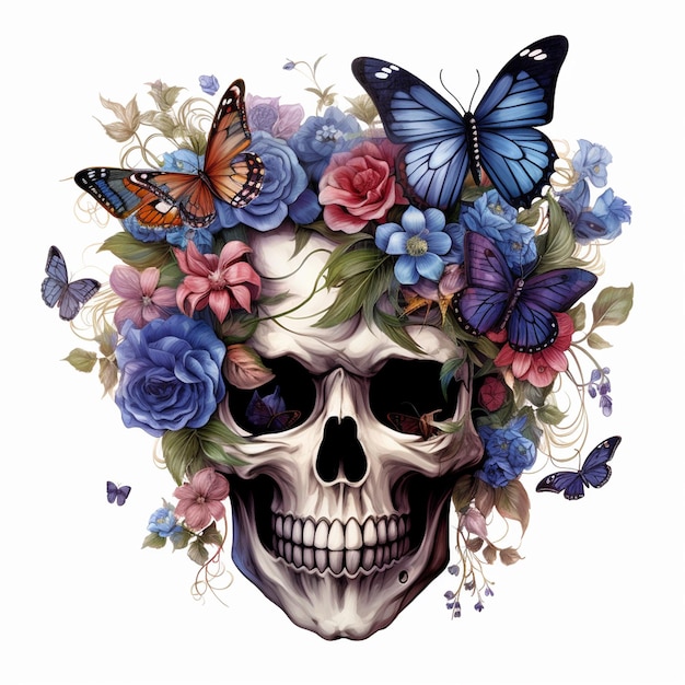 Un cranio e farfalle sono esposti in un colorato