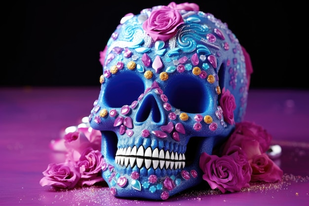 Un cranio fatto di zucchero decorato con glassa e paillettes