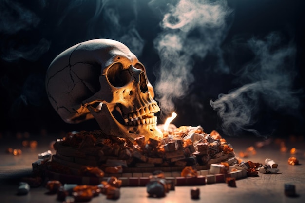 Un cranio umano circondato da fumo e sigarette