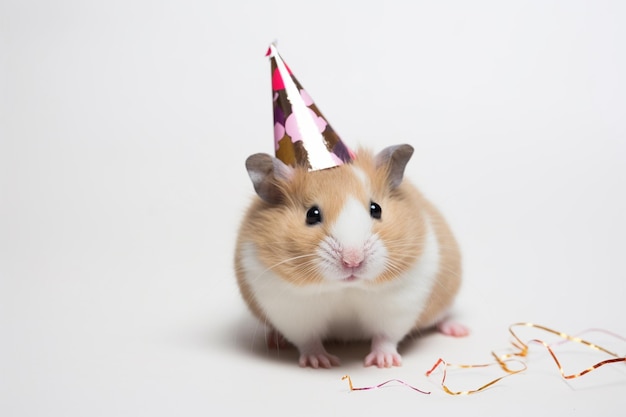 Un criceto che indossa un cappello da festa si siede su una superficie bianca.