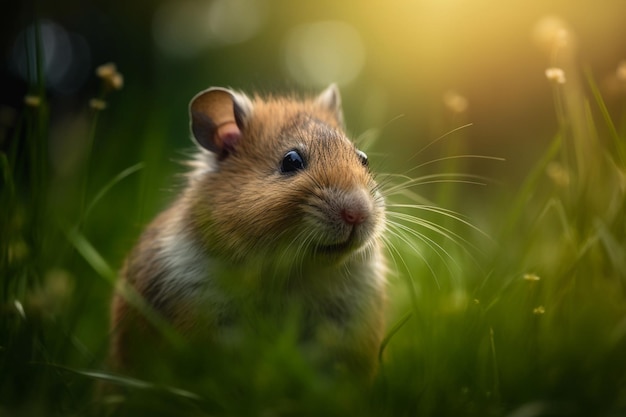 Un criceto nell'erba con uno sfondo giallo