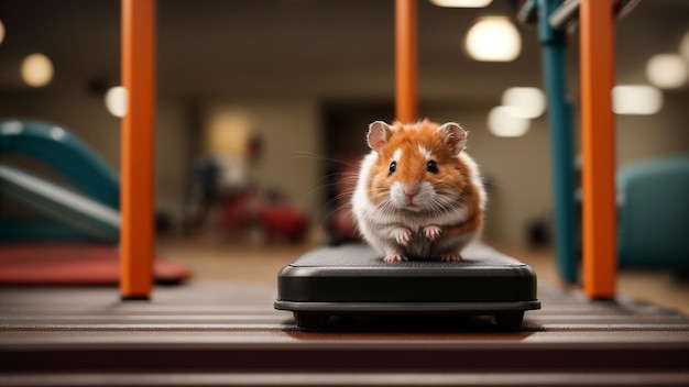 Un criceto su un piccolo tapis roulant in una palestra in miniatura