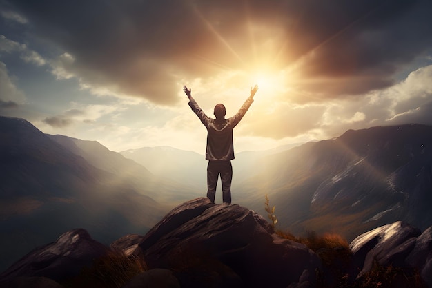Un cristiano che prega Dio in cima alla montagna e un uomo che grida con le braccia alzate a Dio
