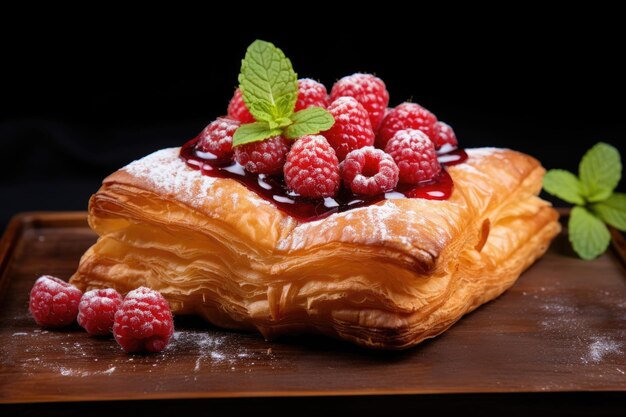 Un croissant a forma di cubo farcito con lamponi e menta