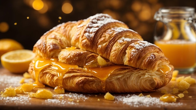 Un croissant a scaglie dorate ricoperto di zucchero in polvere e una goccia di miele