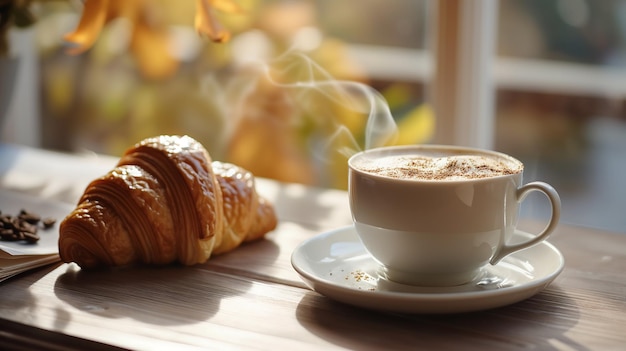 Un croissant accoppiato con una tazza di caffè su un tavolo accogliente Giorno nazionale del croissant