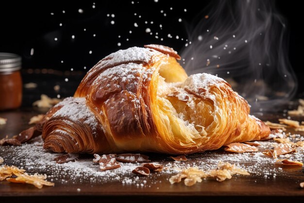 Un croissant con fiocchi di mandorle e zucchero in polvere