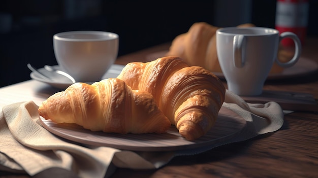 Un croissant e due tazze di caffè siedono su un tavolo con un piatto di croissant.