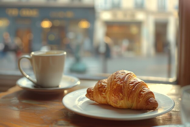 Un croissant è su un piatto accanto a una tazza di caffè