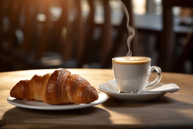 Un croissant e un cappuccino su un tavolo da caffè