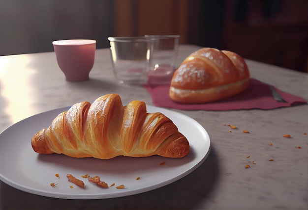 Un croissant e una tazza di caffè sono su un tavolo.