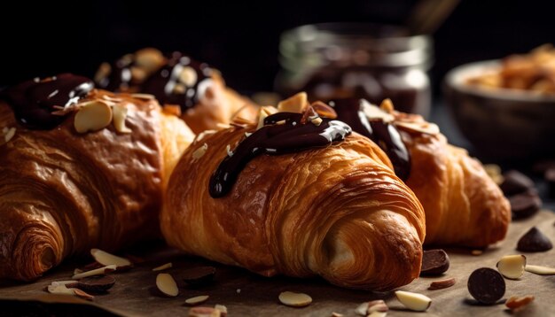 Un croissant francese gourmet appena sfornato, goloso e pronto da mangiare generato dall'intelligenza artificiale