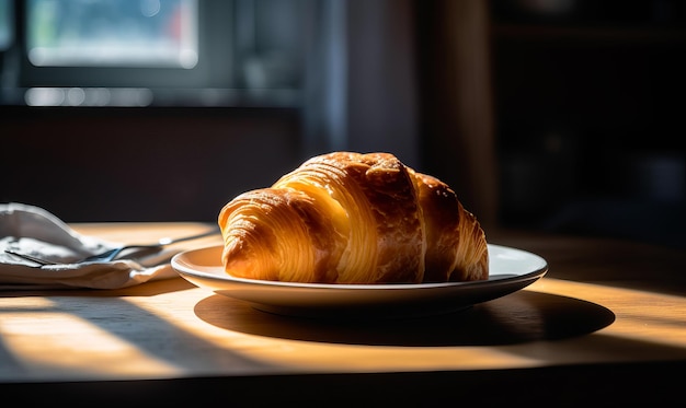 Un croissant seduto su un piatto su un tavolo
