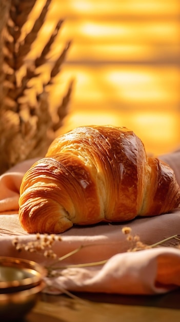 Un croissant si siede su una coperta davanti a una finestra con il grano sullo sfondo.