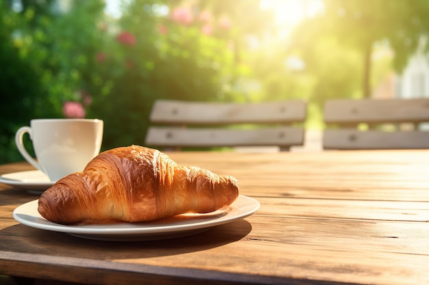 Un croissant su un tavolo da caffè all'aperto