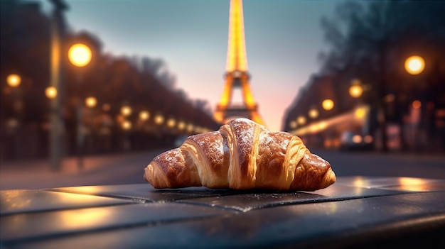 Un croissant su un tavolo davanti alla torre eiffel