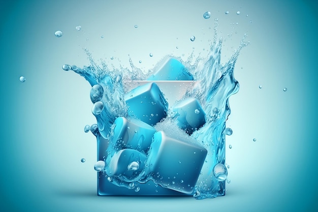 Un cubetto di ghiaccio con acqua e cubetti di ghiaccio che schizzano dentro.