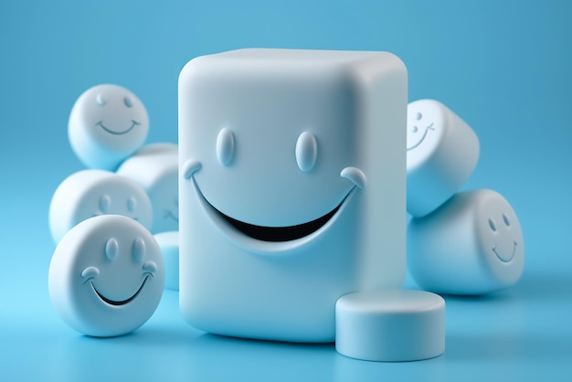 Un cubo bianco con una faccia sorridente si trova tra altri cubi bianchi.
