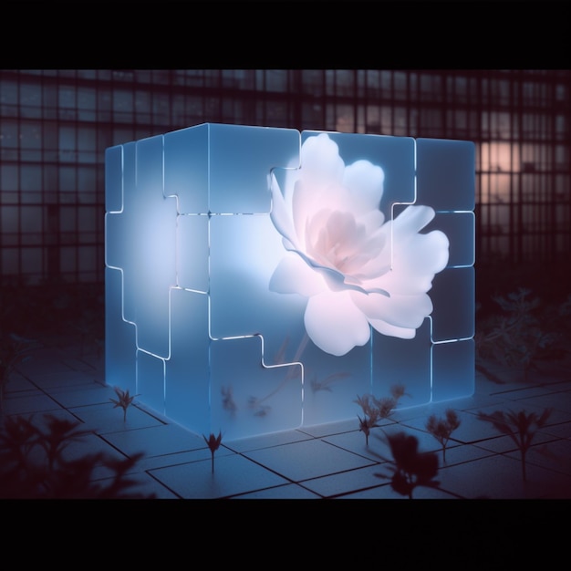 Un cubo blu con dentro un fiore